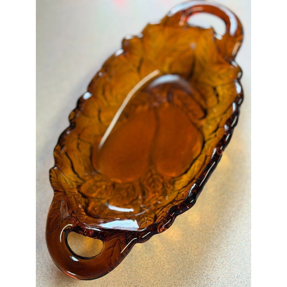 Vintage Indiana Glass Tiara Sweet Pear Amber Relish Dish 9.5" Handled
